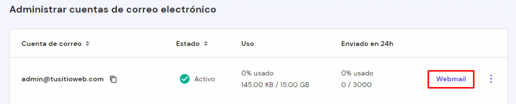 Sección Administrar cuentas de correo electrónico de hPanel