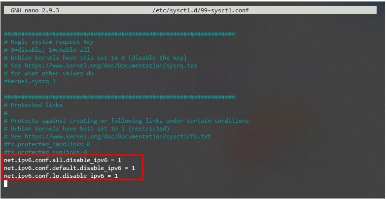 Visualización de la configuración para desactivar IPv6