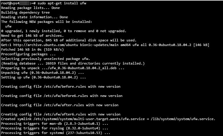 Visualización del comando para instalar el firewall