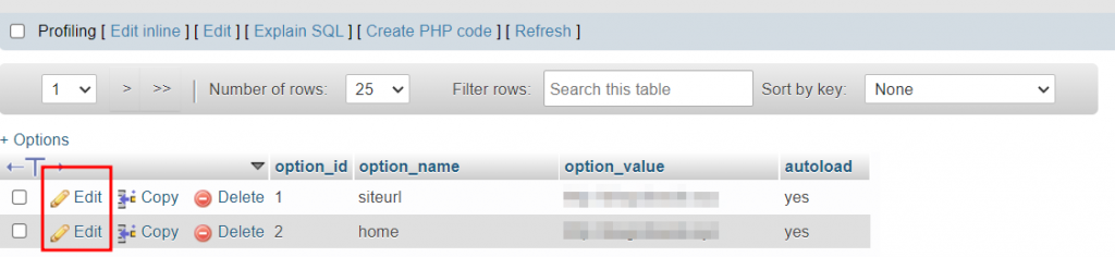 Panel de control de phpMyAdmin para editar la URL