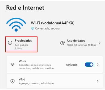Visualización de la ventana de Red e Internet para editar el DNS