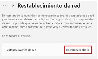 Botón para restablecer ahora la red