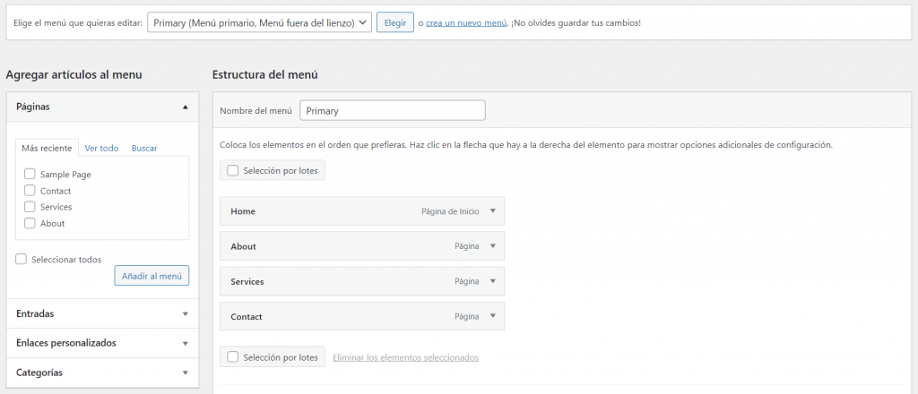 Sección de estructura del menú en WP