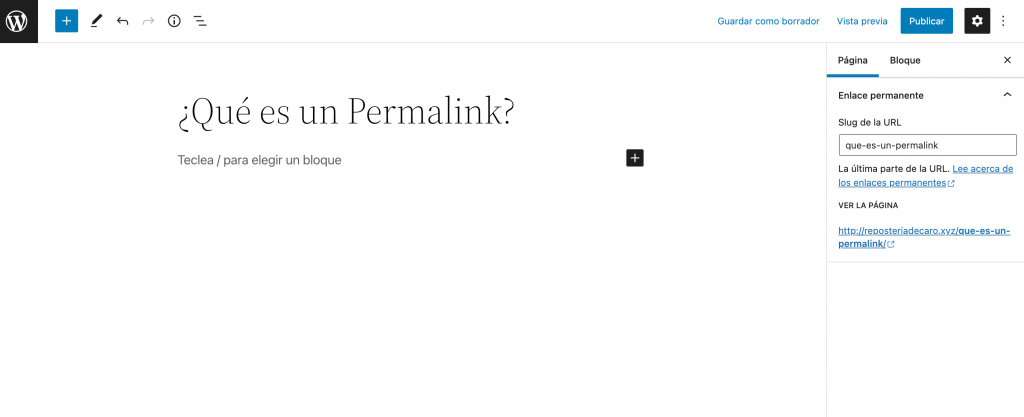 Seccion del Permalink en el editor Gutenberg