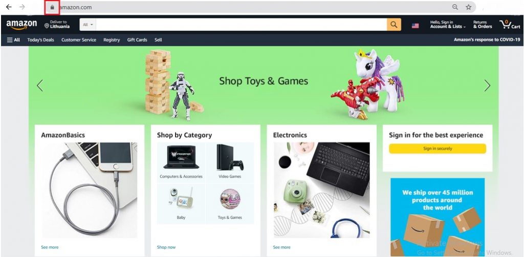 Ejemplo página web amazon con el certificado SLL activado