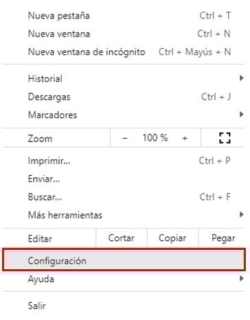 Visualización de la opción "configuración" en el menú de Google Chrome