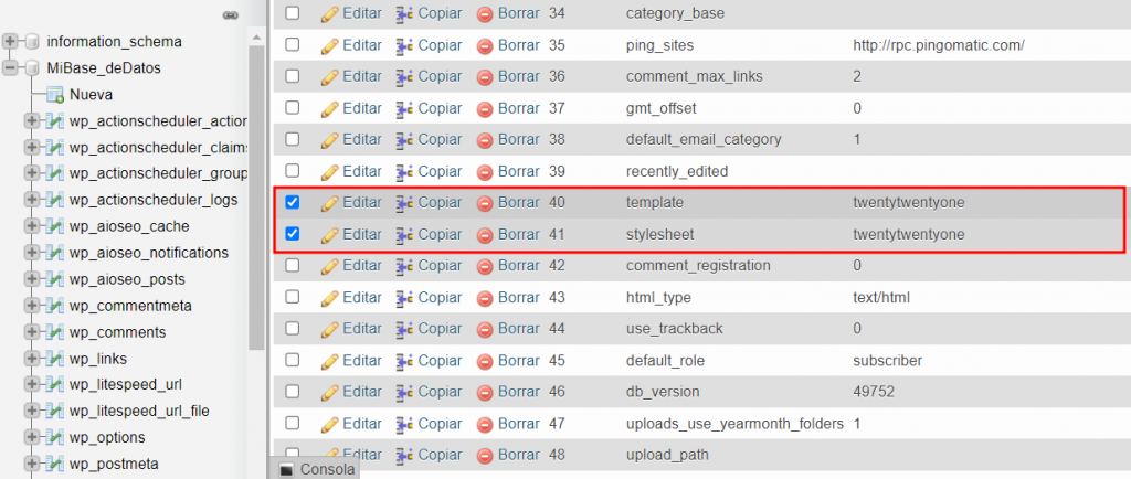 Editar template y stylesheet en PHPMyAdmin