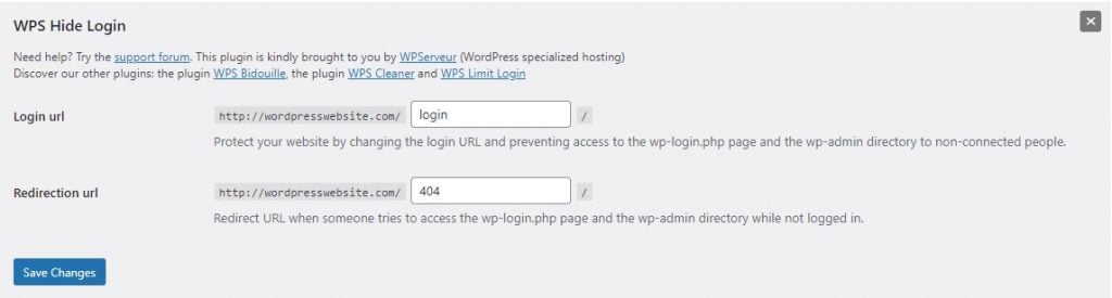Vista del plugin WPS Hide Login en WordPress