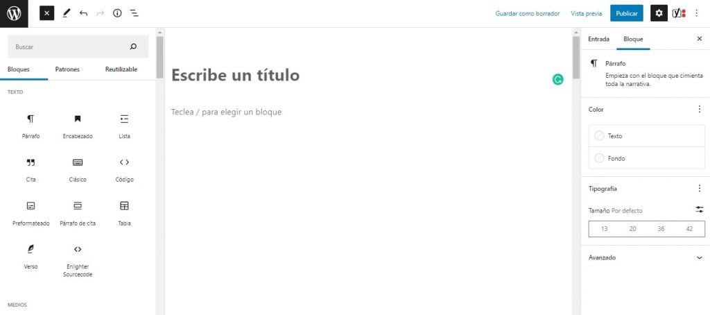 Visualización del editor de bloques para crear una entrada