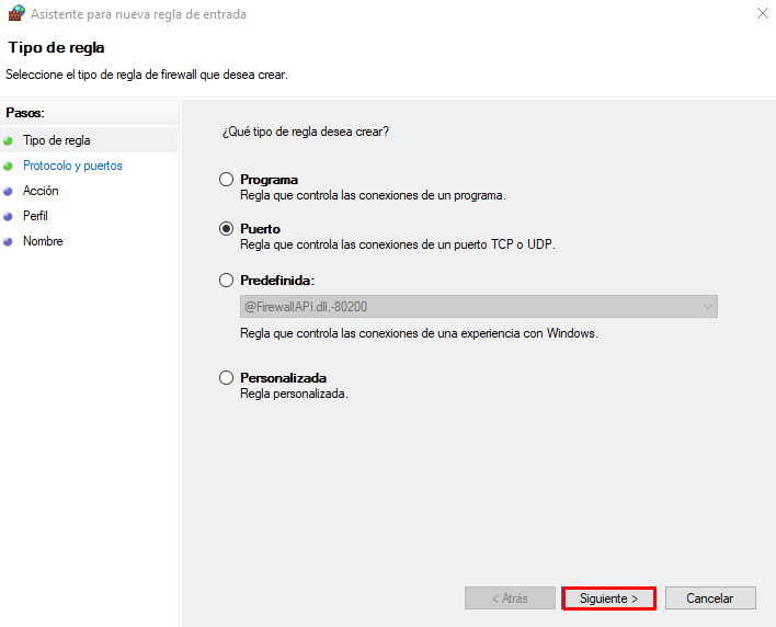 Pestaña Tipo de regla en el Asistente para nueva regla de entrada