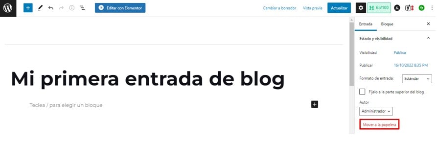Visualización de la opción para borrar una entrada de blog dentro del editor de bloques