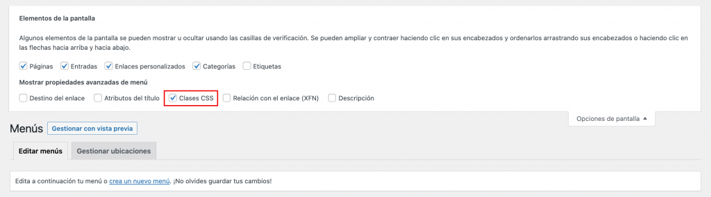 Marcar la casilla de clases css permite a los usuarios personalizar el menú utilizando css personalizado
