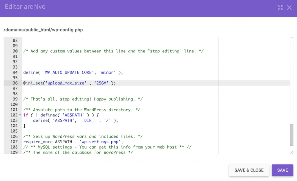 Editar carpeta wp-config.php en hpanel