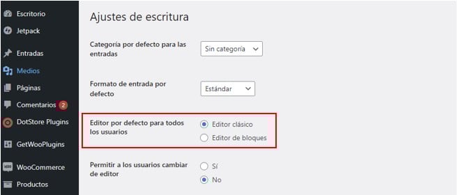 Opción en wordpress para cambiar de editor por defecto.