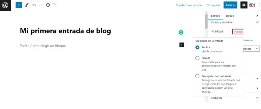 Opciones de visibilidad de la entrada