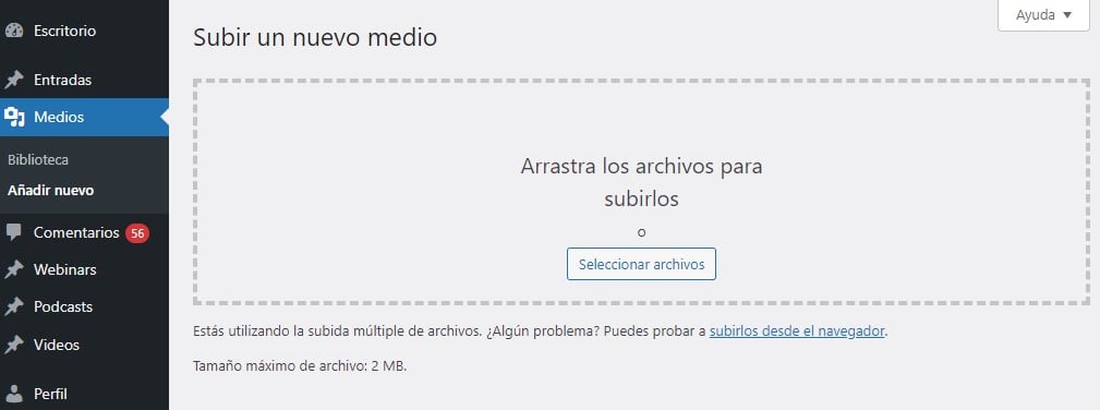 Visualización para subir un nuevo medio desde el menú de WordPress