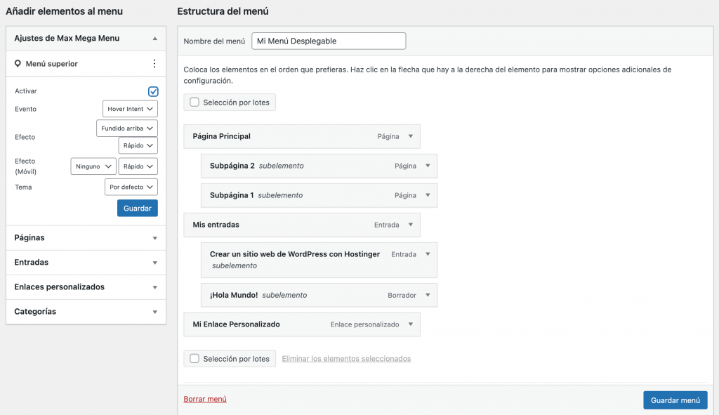 Configuración del mega menú máximo dentro de la página de menús de wordpress