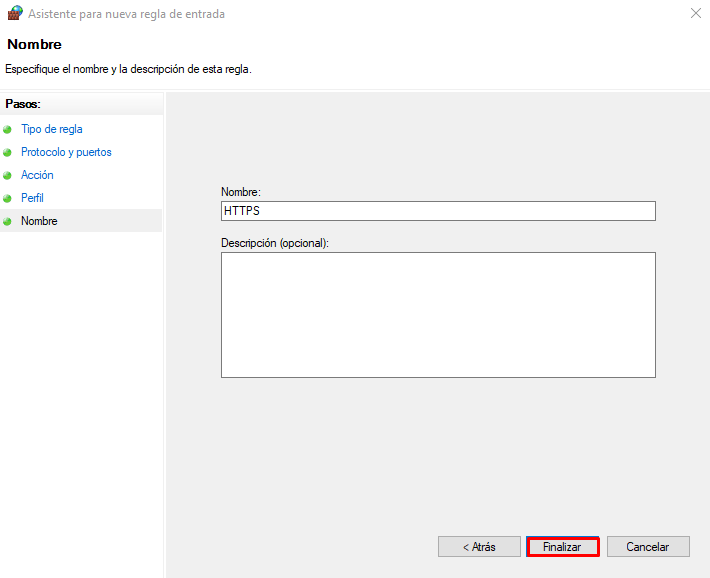 Pestaña Nombre en el Asistente para nueva regla de entrada
