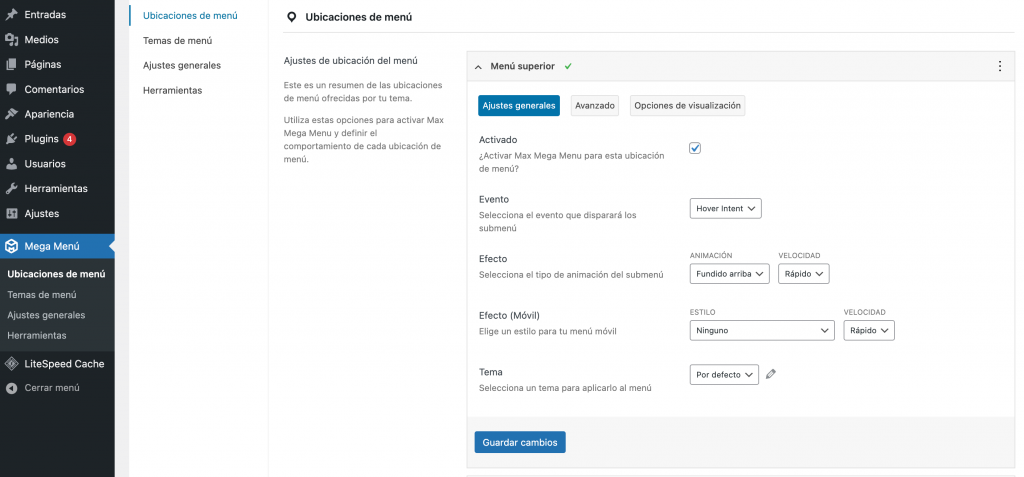 Sección del mega menú y cómo configurarlo