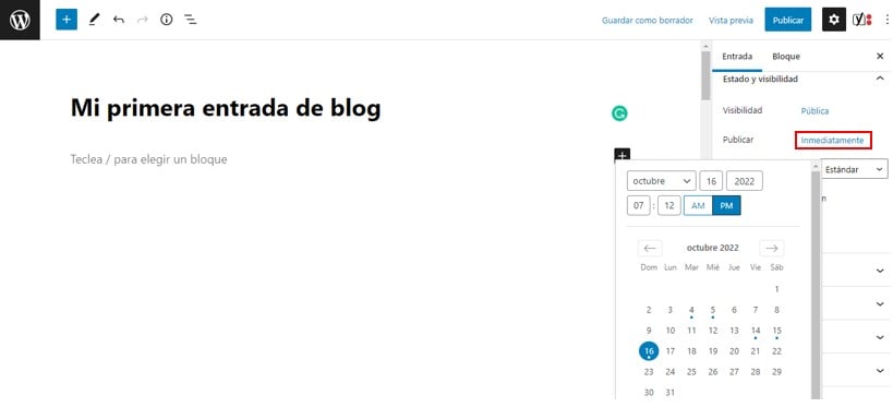 Opción para programar la publicación de la entrada