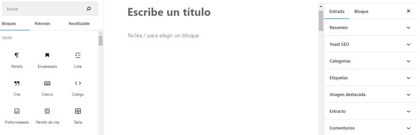 Vista del editor de bloques de WordPress