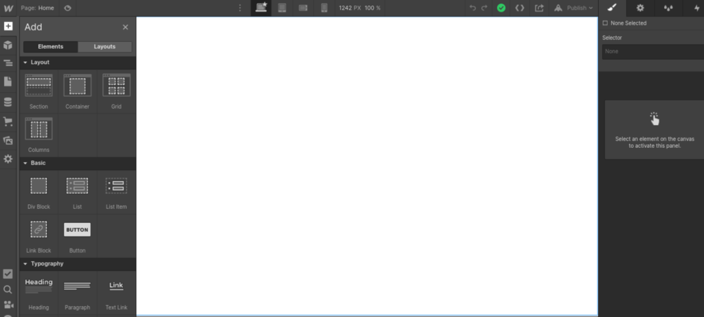 Editor de Webflow con la función de arrastrar y soltar