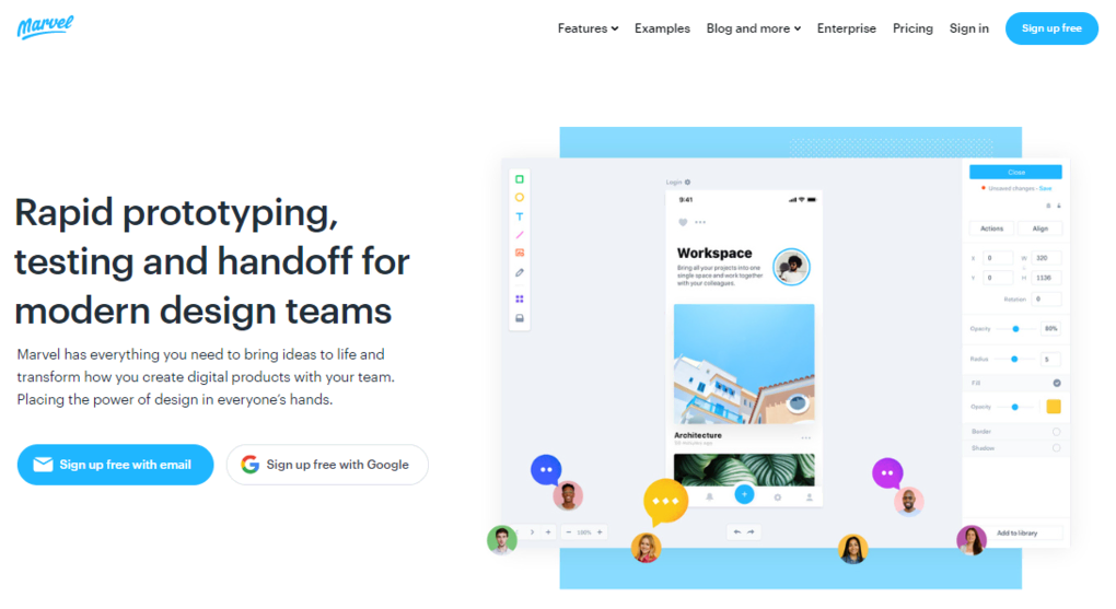 Página de inicio de la herramienta de diseño web Marvel