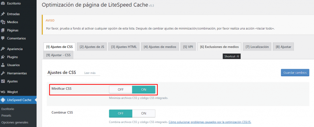 Sección Minificar CSS en LiteSpeed Cache