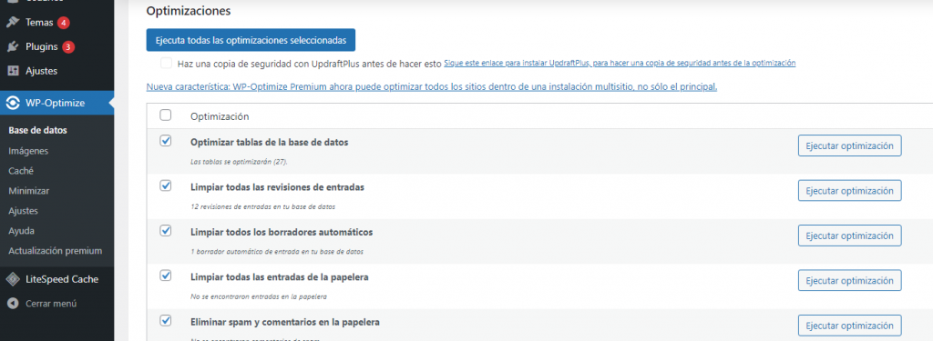 Sección Optimizaciones en WP Optimize