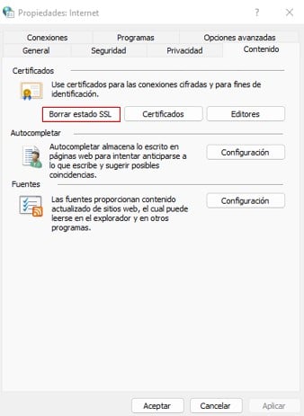 Vista de la ventana de propiedades para borrar el estado SSL