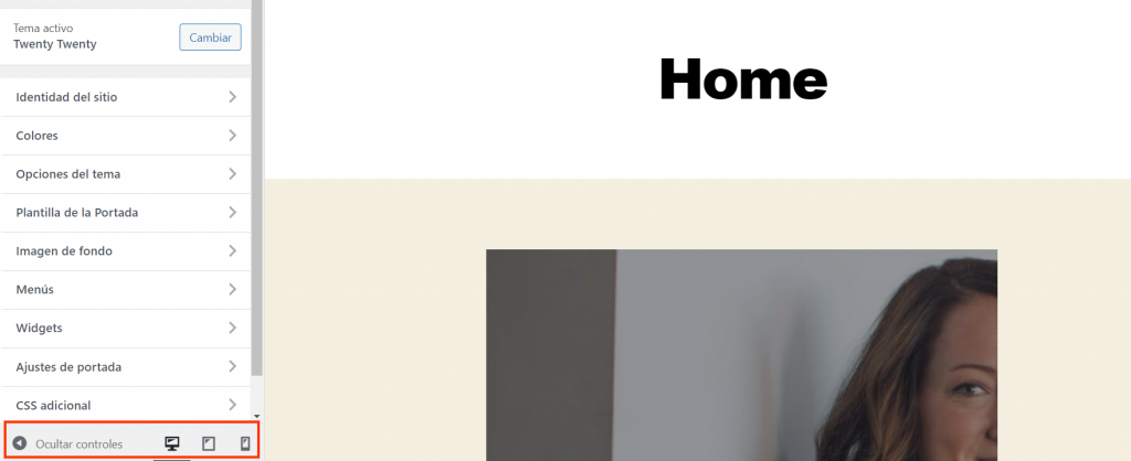 Opción personalizar en WordPress para ver la vista previa del sitio en diferentes dispositivos