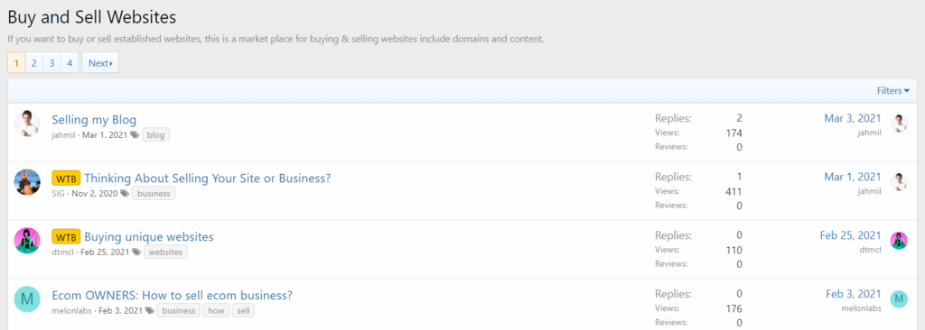 Vista de la página Webmastersun para compra y venta de sitios web