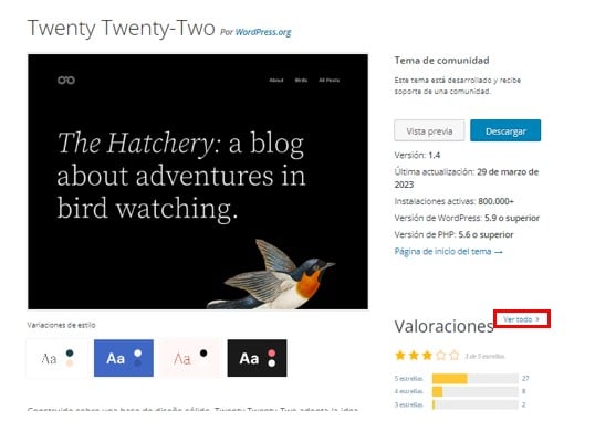 Ejemplo de valoraciones de un tema en WordPress