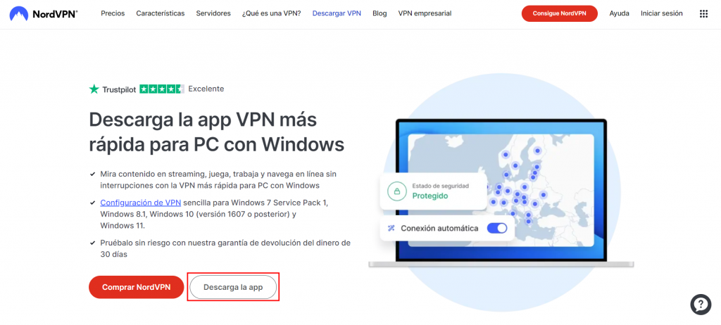 Página de descarga de NordVPN