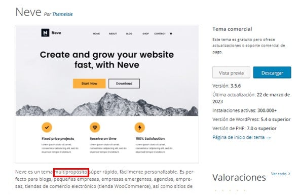 Características de Neve en la página de descarga de WordPress