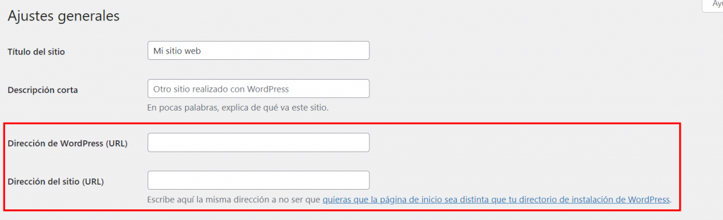 Sección de Ajustes generales de WordPress