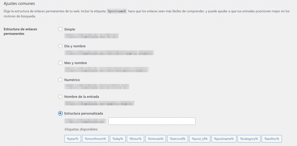 Panel de control de WP para restablecer los enlaces permanentes