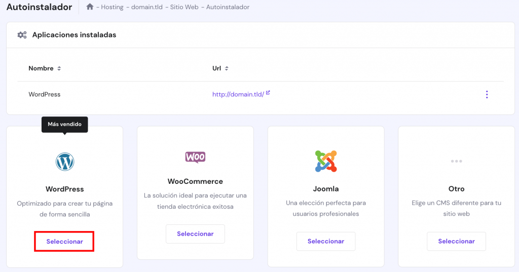 La página del Autoinstalador en hPanel con el botón de selección de WordPress resaltado