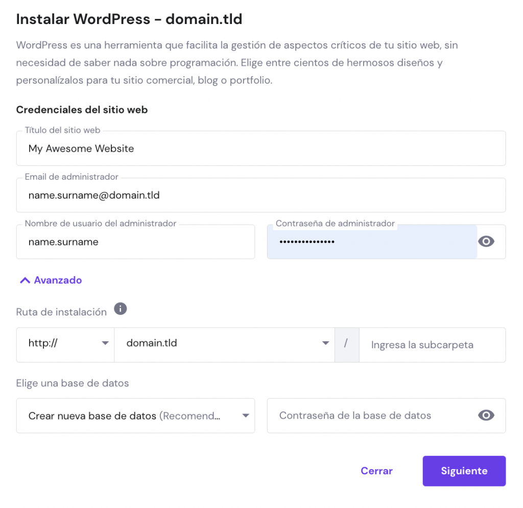 La ventana emergente del autoinstalador de WordPress en hPanel