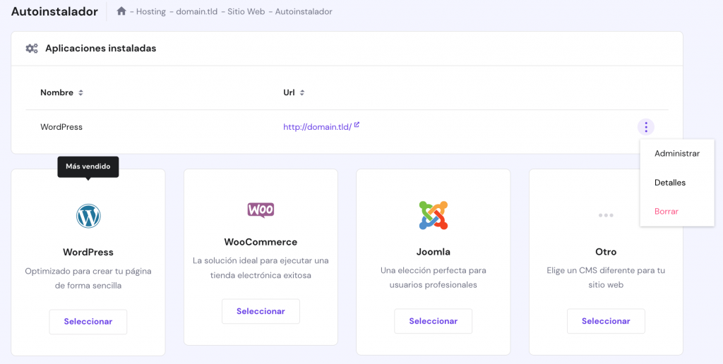 La página del Autoinstalador en hPanel con el botón de administrar WordPress resaltado.