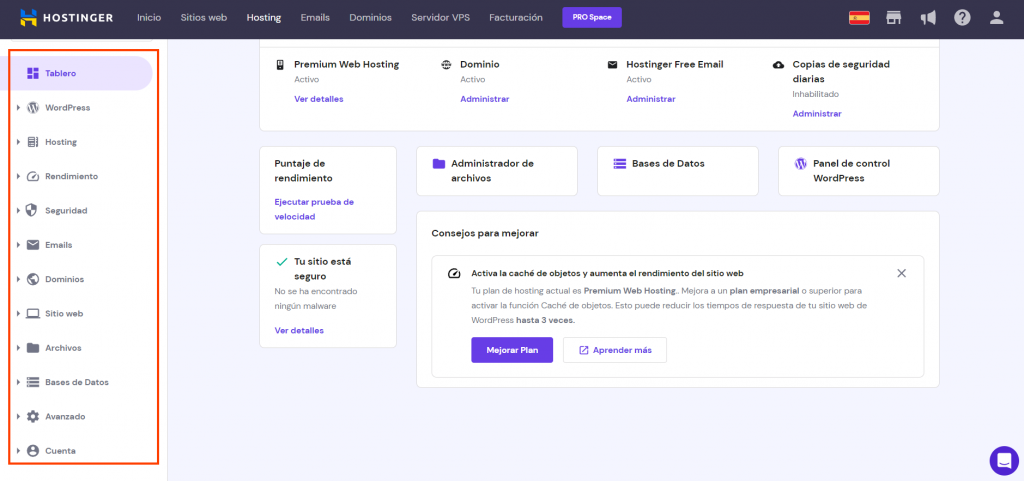 Panel de control hPanel
