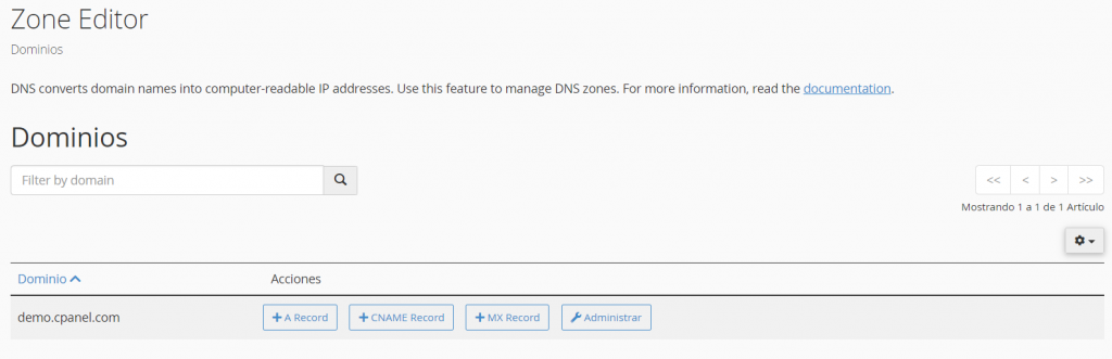 Editor de Zonas DNS de cPanel