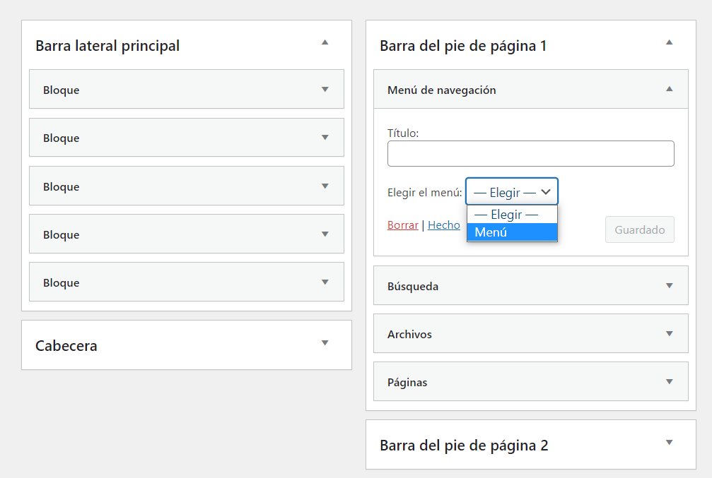 Opción para seleccionar un menú en los widgets de WordPress.