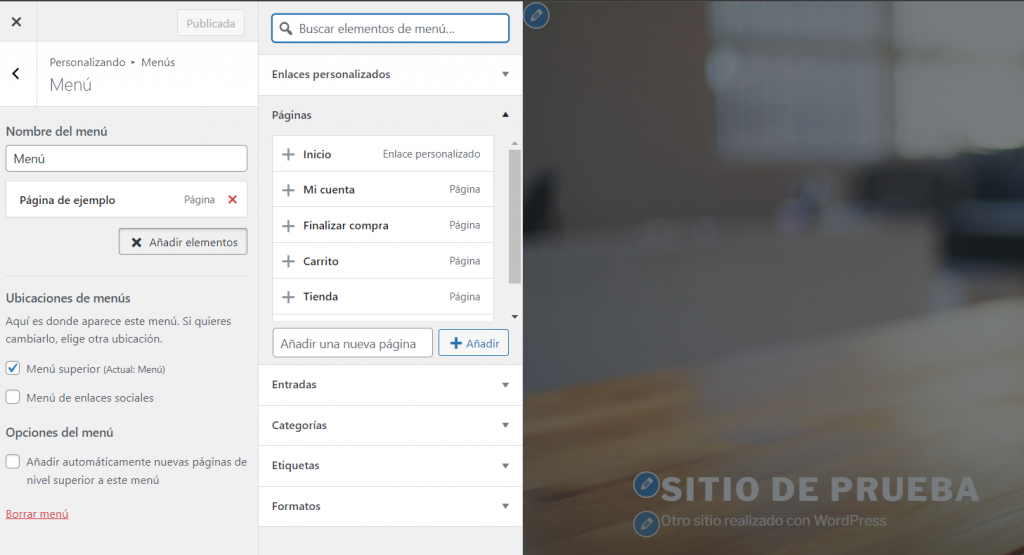 Visualización del personalizador de menús en WordPress.