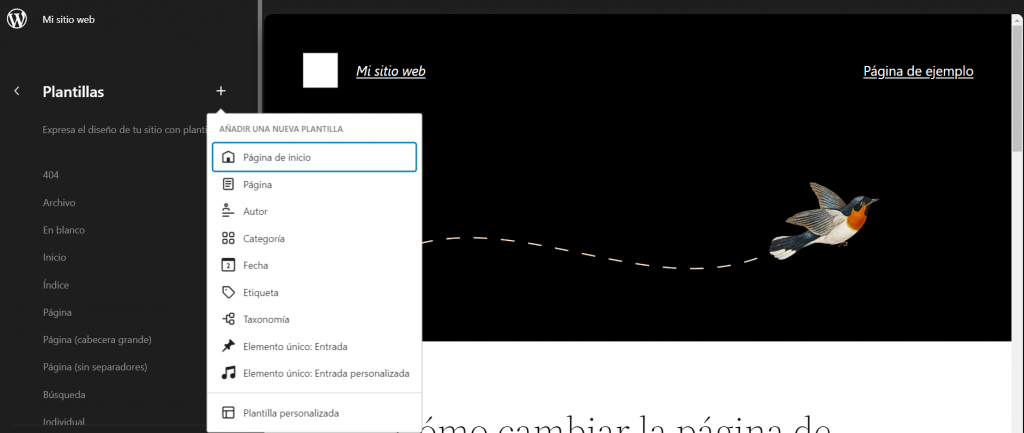 Sección agregar plantillas del editor de WordPress