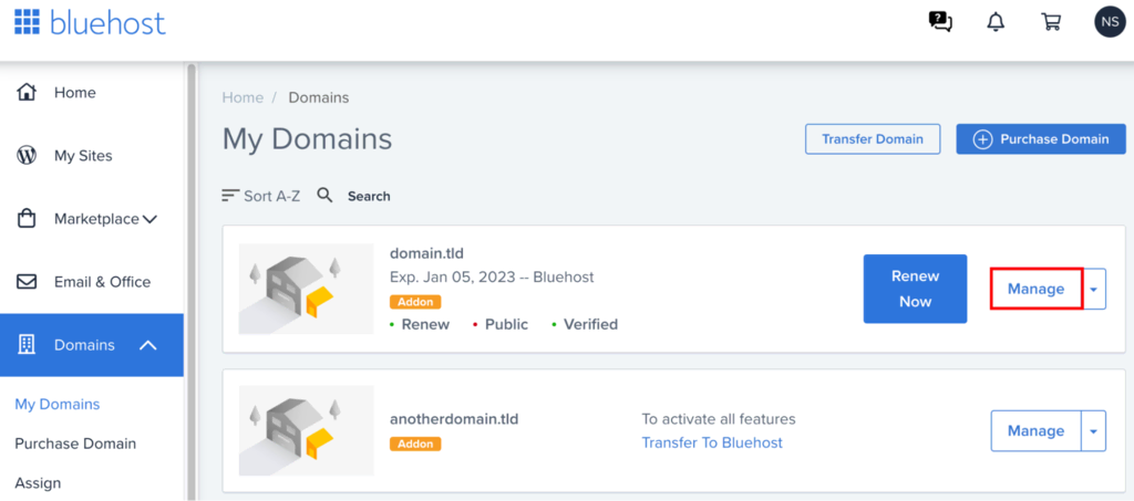 Sección Mis dominios de Bluehost