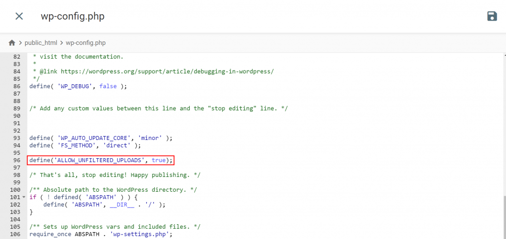 El archivo wp-config.php con el código agregado
