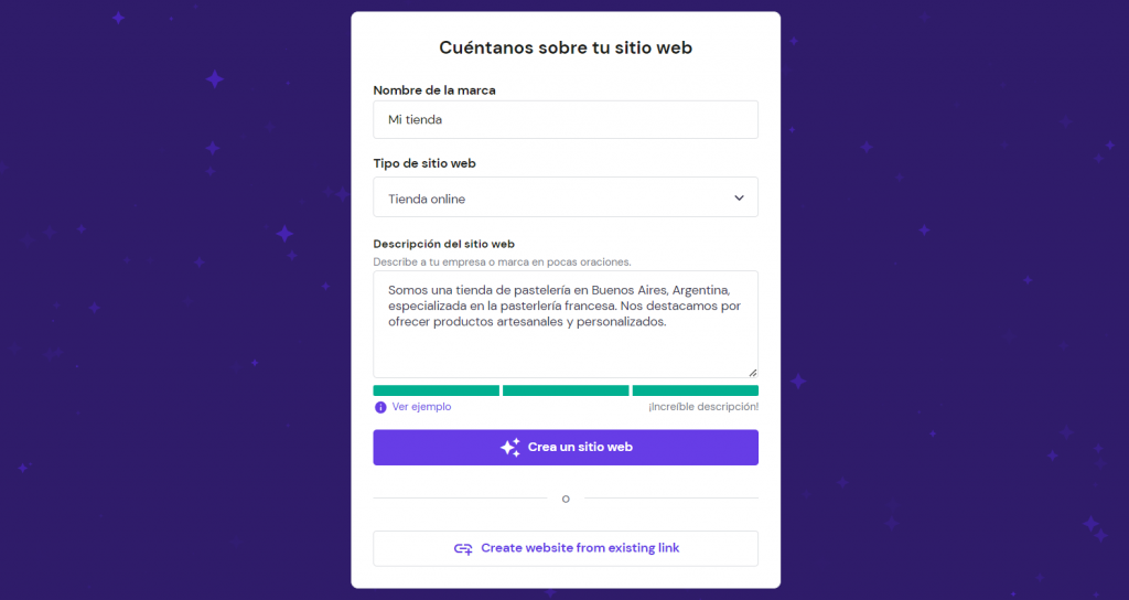 Ejemplo de cómo empezar a crear un sitio con el creador de Hostinger.