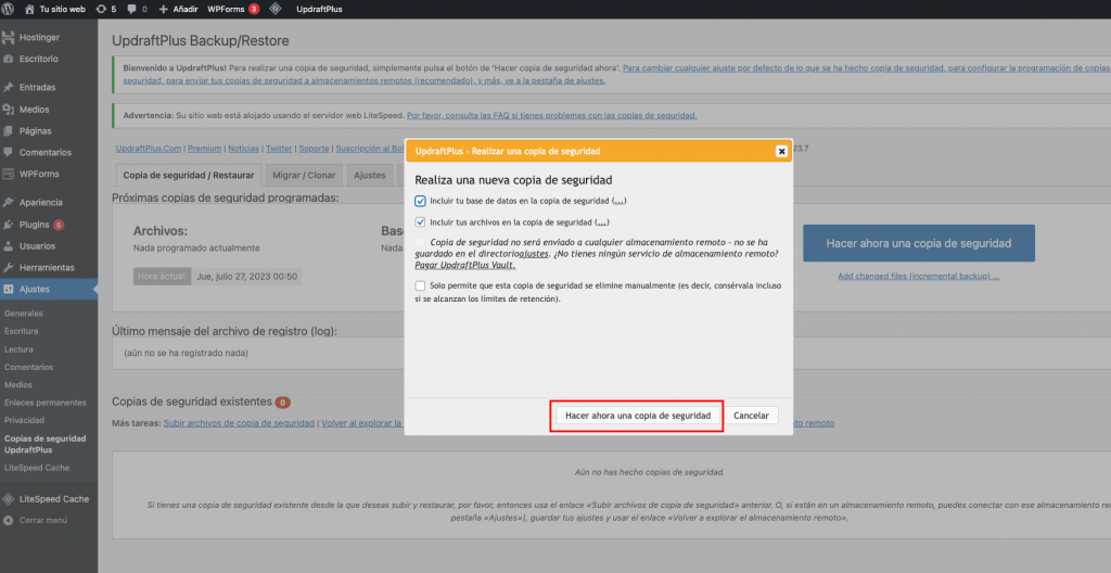 Generar copia de seguridad con WordPress