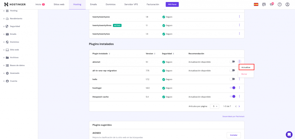 Actualizar núcleos y seguridad en hPanel de Hostinger